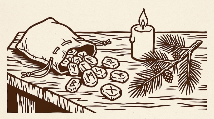A woodcut of a cloth pouch spilling rune stones onto a wooden table beside a candle and a sprig of pine.